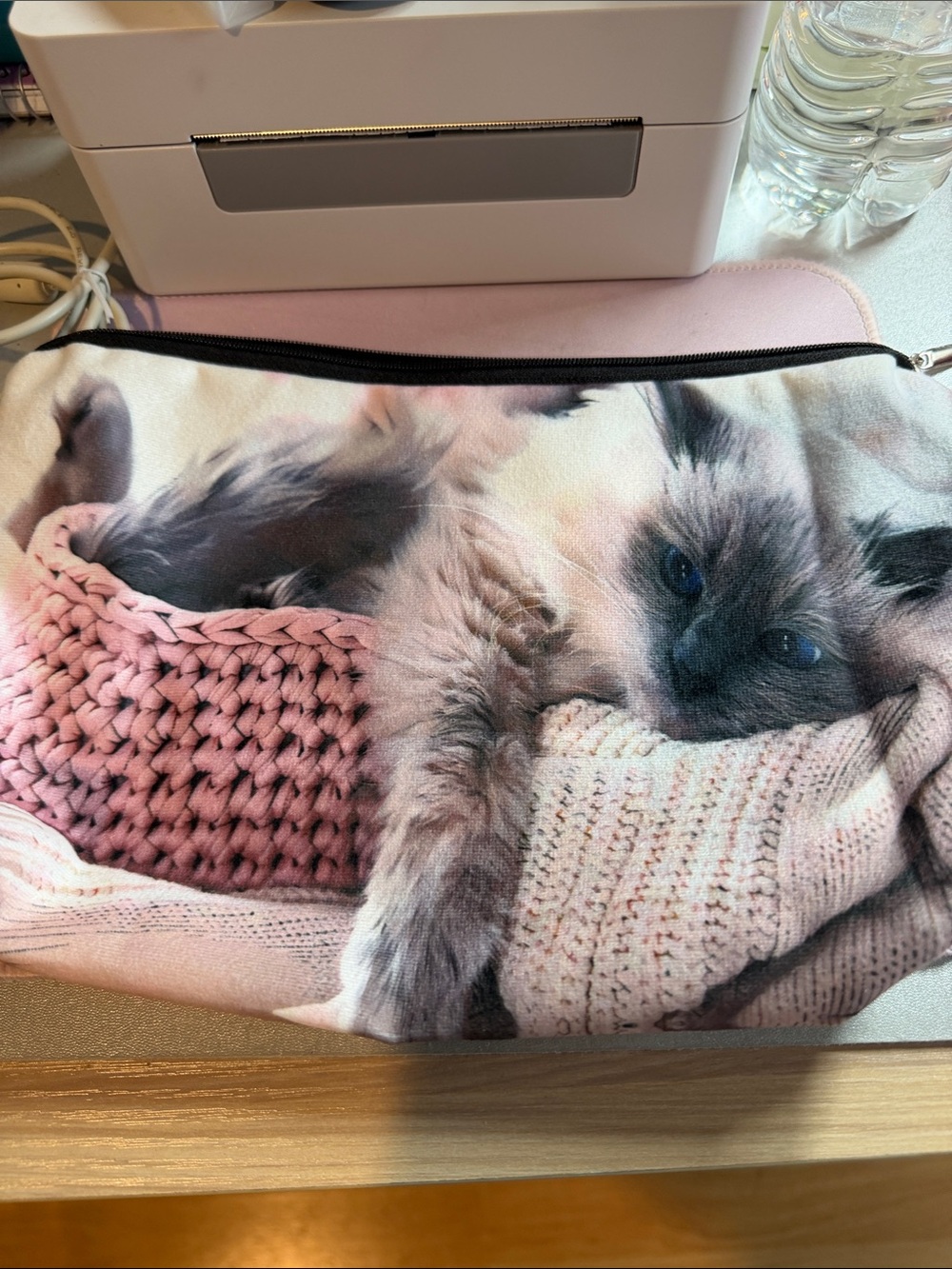 Cute Kitten Print Cosmetic Pouch - Pink & Cream